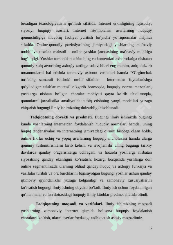 MAMLAKATIMIZDA YOSHLARNING IJTIMOIY-SIYOSIY FAOLIYATINI YORITISHDA INTERNETNING O‘RNI 7