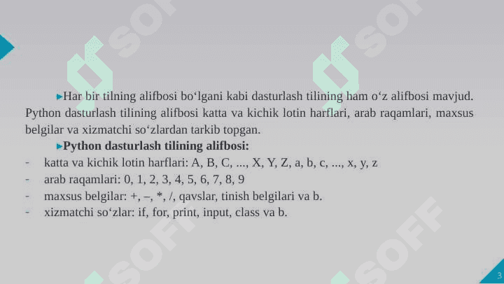 Pythonda ma’lumotlar turlari. Sonlar. Sonlar ustida bajariladigan asosiy arifmetik amallar 3
