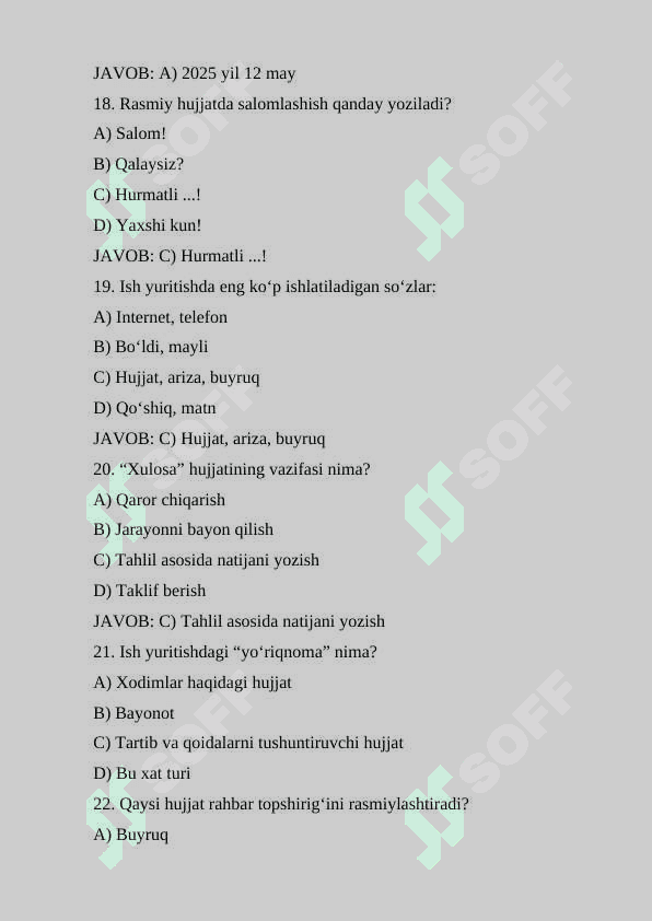 ARGOS TEST SAVOLLARI (2025) Davlat tilida ish yuritish 5