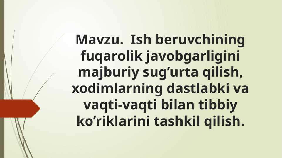 Ish beruvchining fuqarolik javobgarligini majburiy sug’urta qilish, xodimlarning dastlabki va vaqti vaqti bilan tibbiy ko’riklarini tashkil qilish