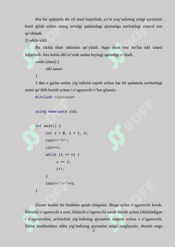 Takrorlanuvchi operatorlar. Parametrli sikl operatori(for), old shart(while) va so’ng shart (do while) operatorlari 2