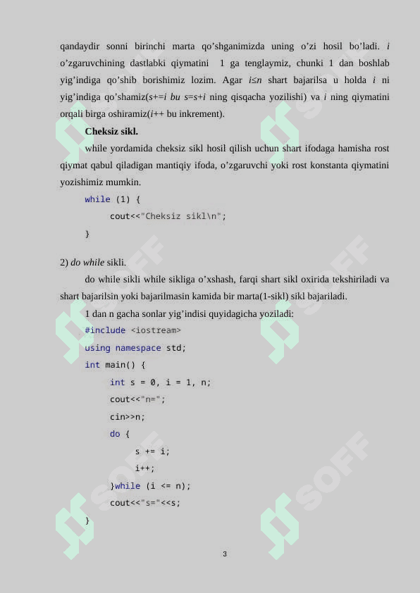 Takrorlanuvchi operatorlar. Parametrli sikl operatori(for), old shart(while) va so’ng shart (do while) operatorlari 3