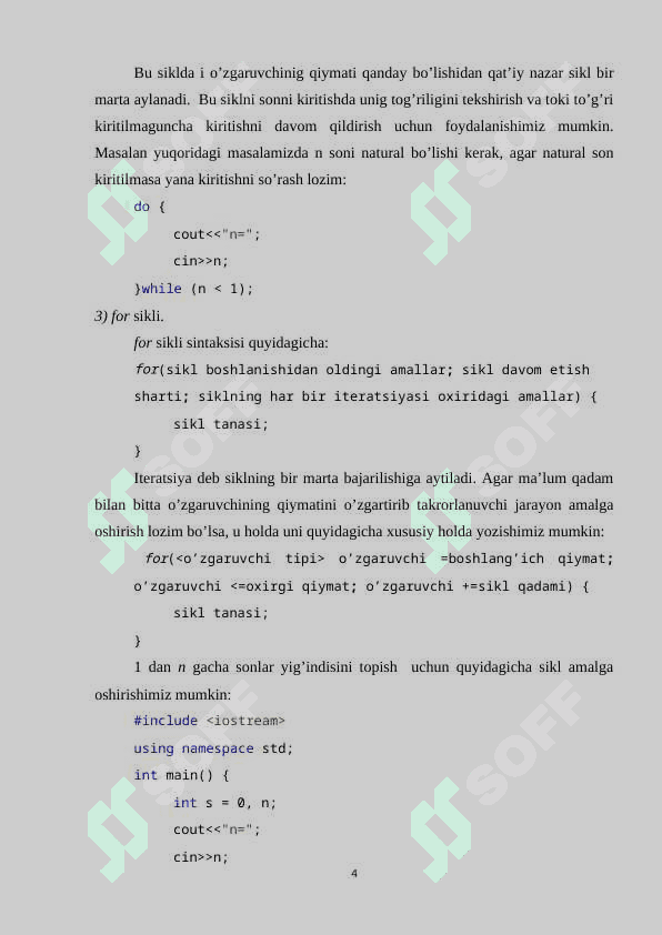 Takrorlanuvchi operatorlar. Parametrli sikl operatori(for), old shart(while) va so’ng shart (do while) operatorlari 4