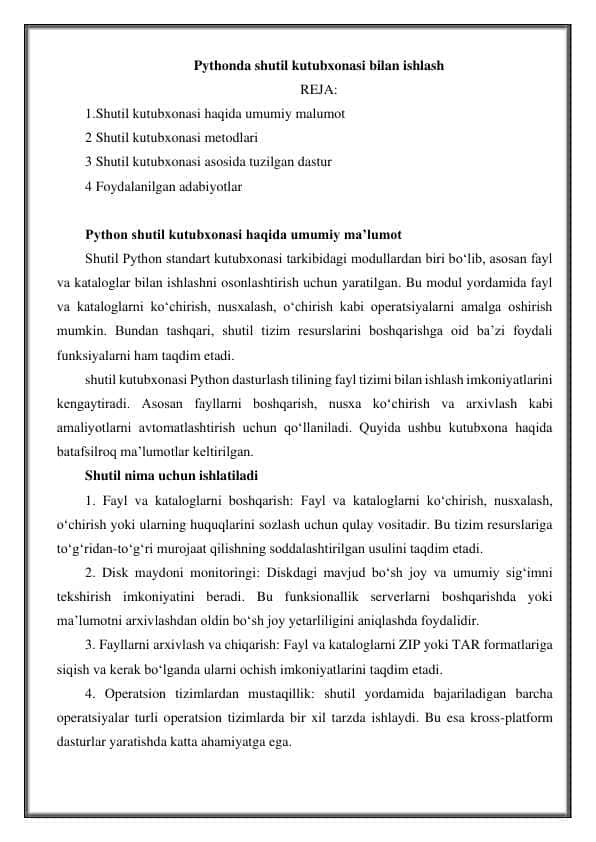 Pythonda shutil kutubxonasi dasturlash