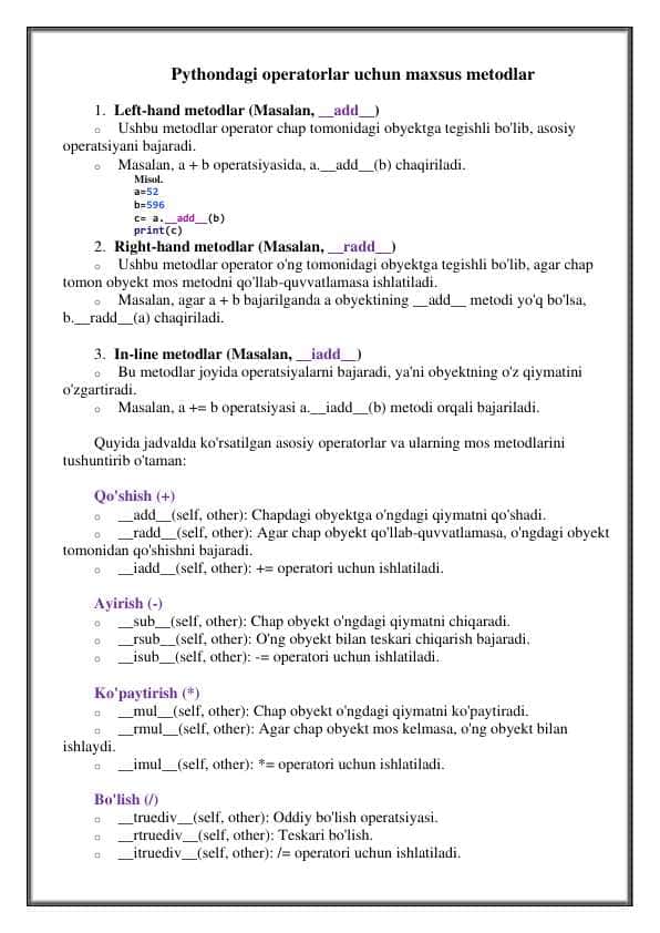 PYTHONDAGI OPERATORLAR UCHUN MAXSUS METODLAR 1