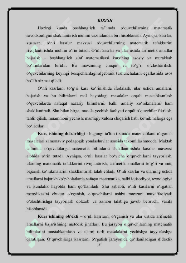 O'nli kasrni to'g'ri kasr ko'rinishida ifodalash. O'nli kasrlar ustida arifmetik amallar. Arifmetik masalalar yechishga o'rgatish metodikasi. Masala va uning tarkibi 3
