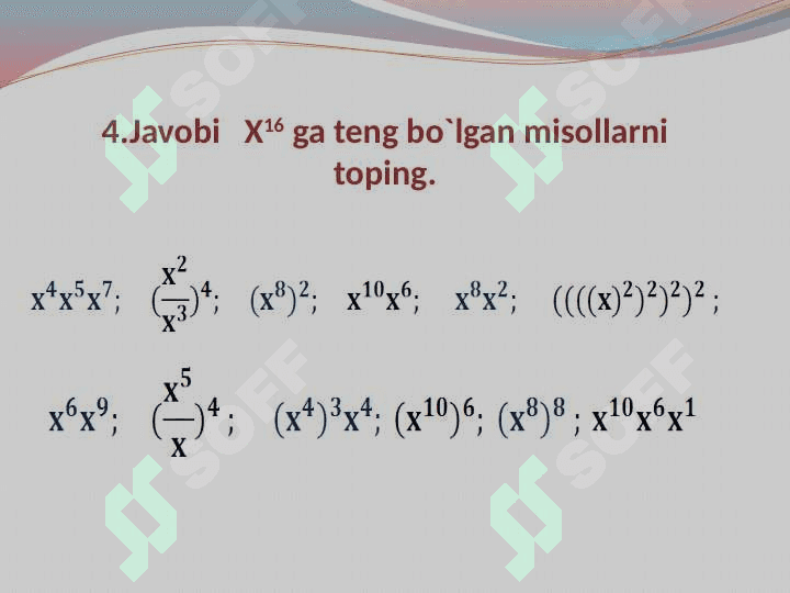Natural ko`rsatkichli darajaning xossalari 7