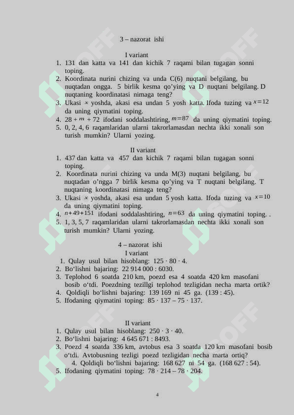 Nazotar ishlari savollar yechimi bilan 5 6 7 8 9 sinf o'quvchilar 4