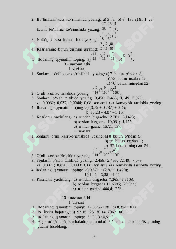 Nazotar ishlari savollar yechimi bilan 5 6 7 8 9 sinf o'quvchilar 7