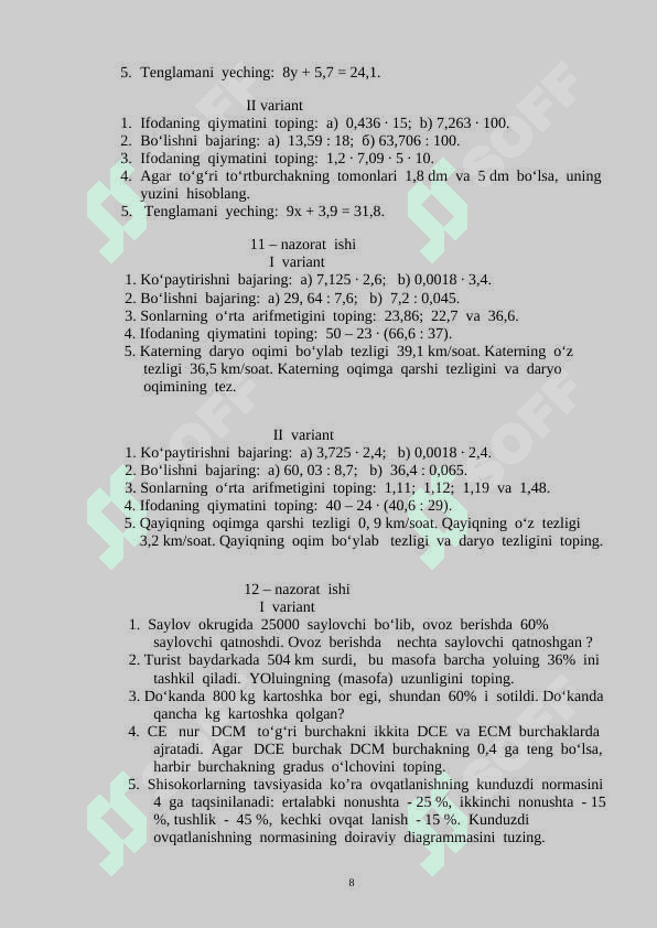 Nazotar ishlari savollar yechimi bilan 5 6 7 8 9 sinf o'quvchilar 8