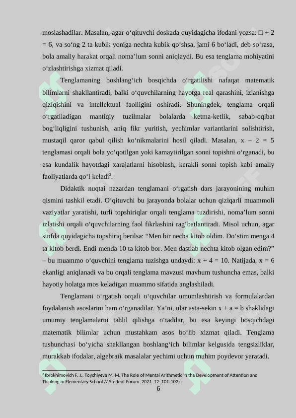 Boshlang’ich sinf o’quvchilarida tenglama tushunchasini shakllantirish metodikasi 6