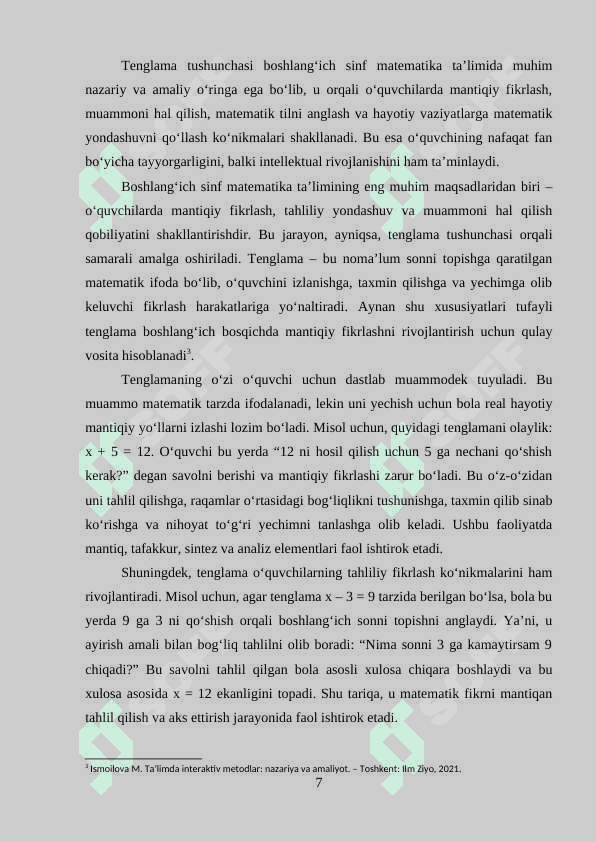 Boshlang’ich sinf o’quvchilarida tenglama tushunchasini shakllantirish metodikasi 7