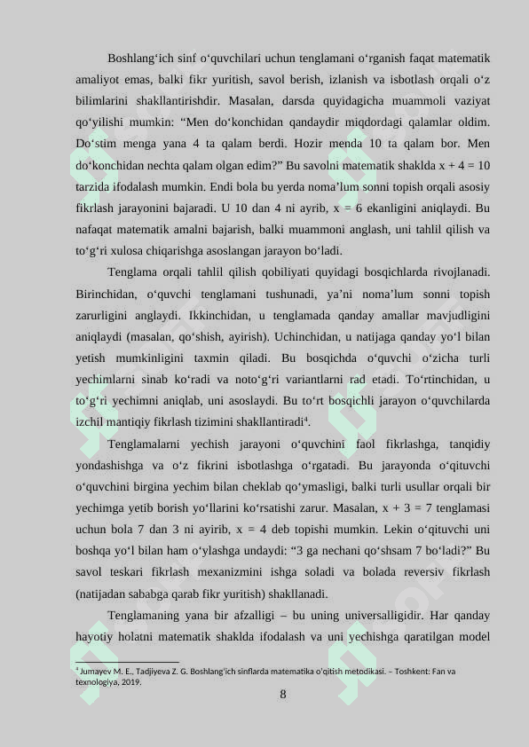 Boshlang’ich sinf o’quvchilarida tenglama tushunchasini shakllantirish metodikasi 8