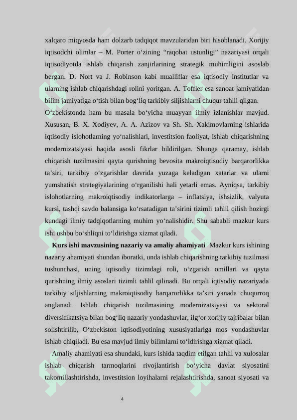 O’zbekistonda ishlab chiqarishning tarkibiy tuzilishini qayta qurish jarayonida makroiqtisodiy barqarorlikni ta’minlash muammolari 4