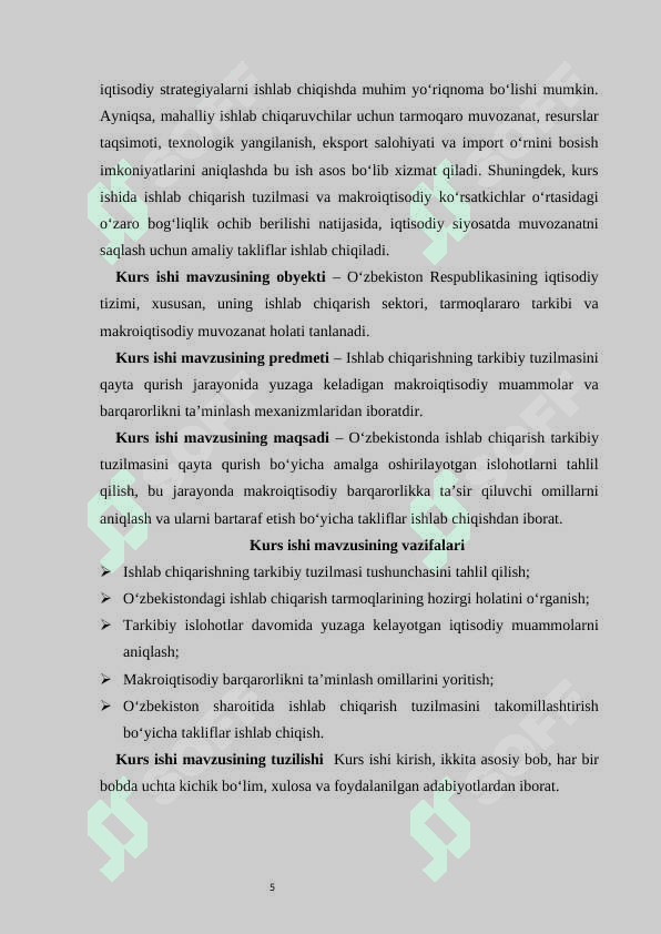 O’zbekistonda ishlab chiqarishning tarkibiy tuzilishini qayta qurish jarayonida makroiqtisodiy barqarorlikni ta’minlash muammolari 5