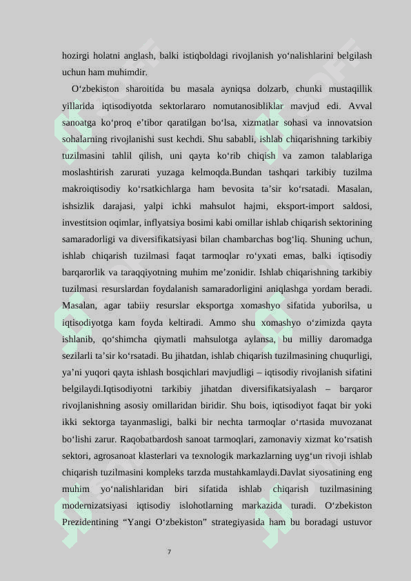 O’zbekistonda ishlab chiqarishning tarkibiy tuzilishini qayta qurish jarayonida makroiqtisodiy barqarorlikni ta’minlash muammolari 7