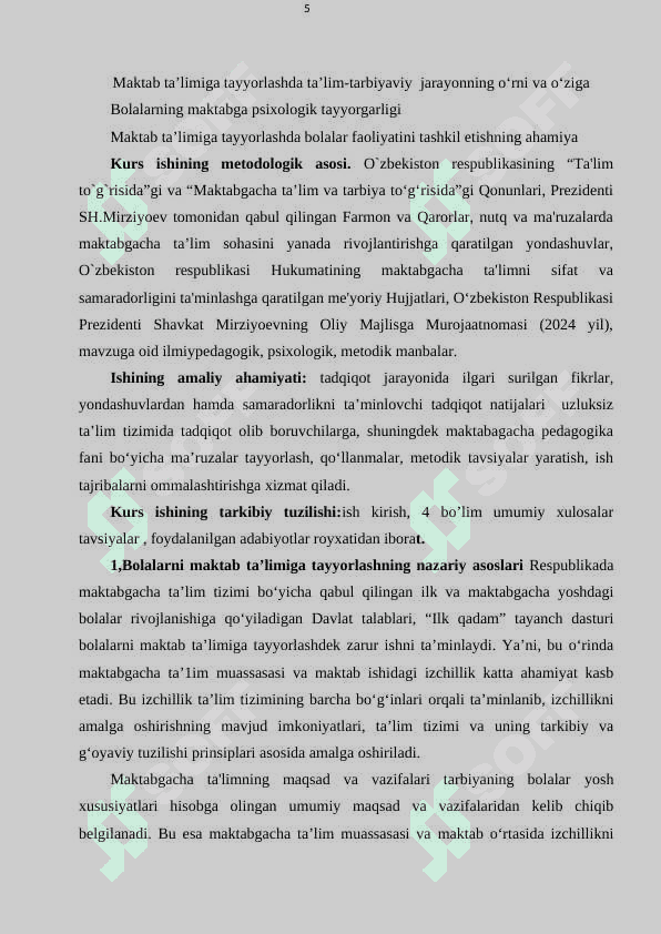 BOLALARNI  MAKTAB  TA’LIMIGA TAYYORLASHDA TA’LIM TARBIYAVIY JARAYONNING 5