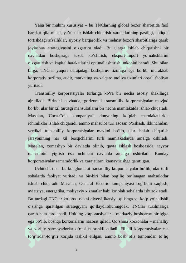 Transmilliy korporatsiyalar, ularning iqtisodiy taraqqiyotdagi 8