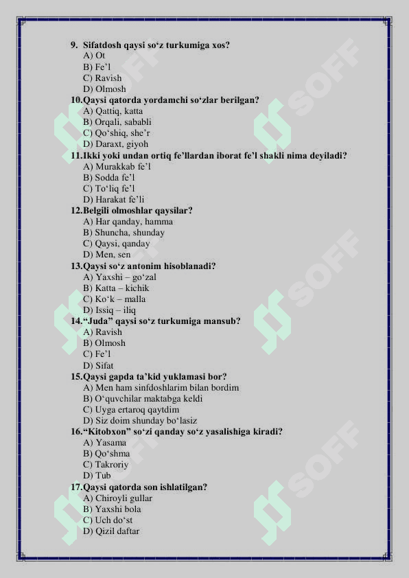 5-sinf Ona tili va adabiyot fanidan 2-chorak uchun test savollari 2