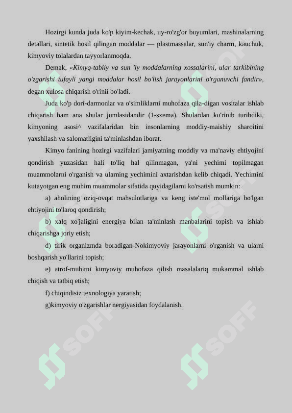 Kimyo fani va uning vazifasi, maqsadi, sanoatdagi o'rni 3