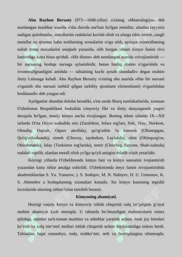 Kimyo fani va uning vazifasi, maqsadi, sanoatdagi o'rni 7