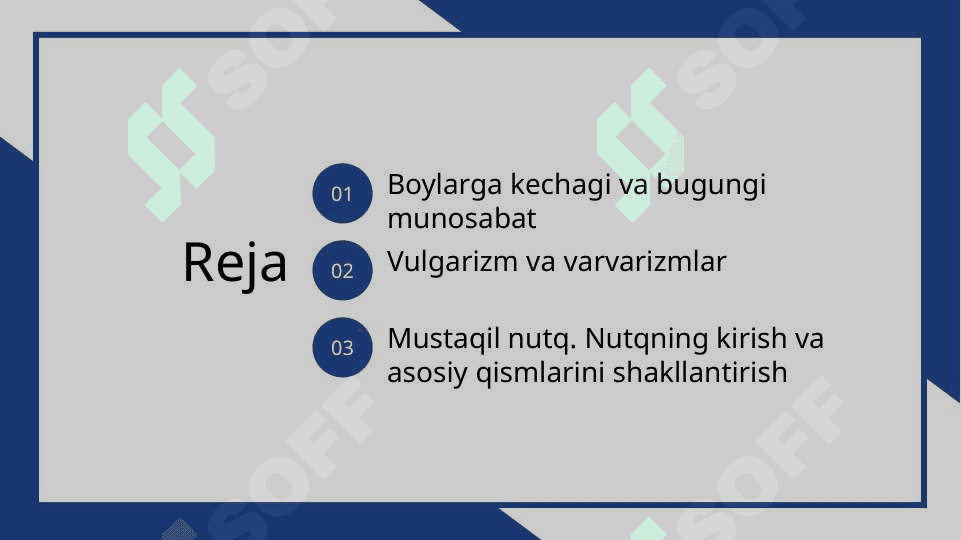 Boylarga kechagi va bugungi munosabat. Vulgarizm va varvarizmlar. Mustaqil nutq. Nutqning kirish va asosiy qismlarini shakllantirish 2