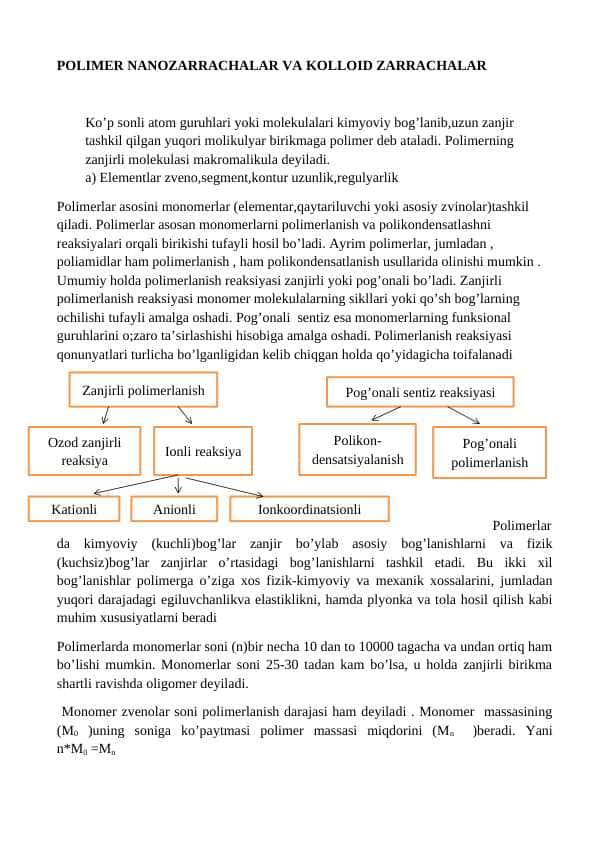 POLIMER NANOZARRACHALAR VA KOLLOID ZARRACHALAR 1