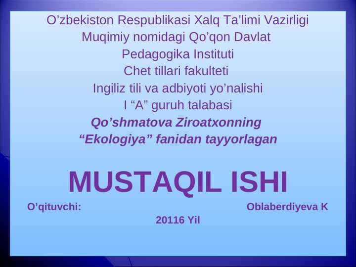 Ekologiya fanidan mustaqil ish 1