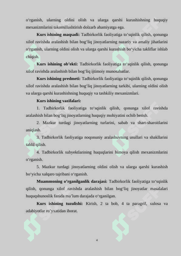 Tadbirlik faoliyatiga to’sqinlik qilish, qonunga xilof ravishda aralashish bilan bog’liq jinoyatlar 4