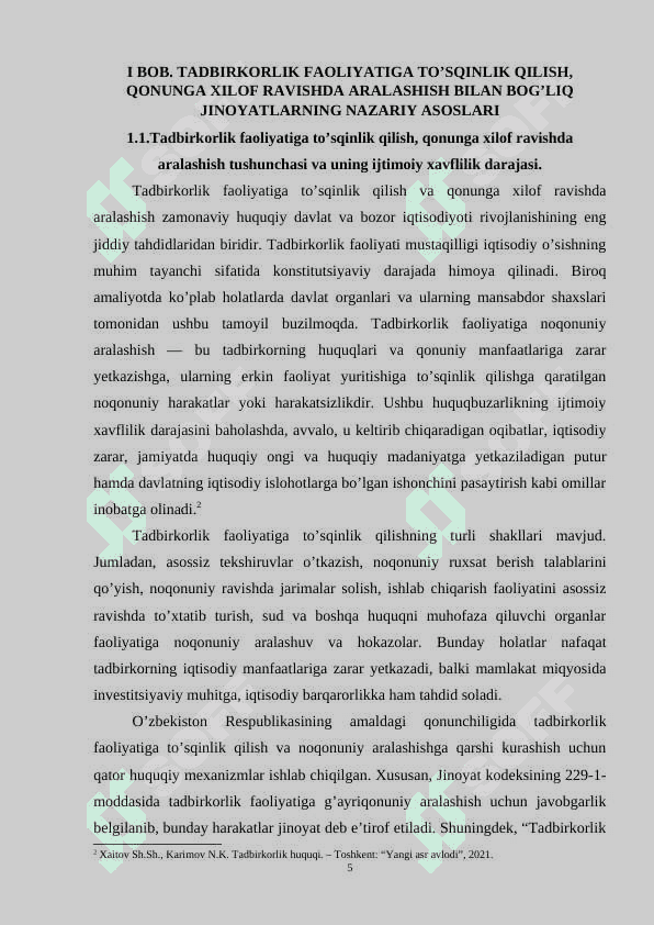 Tadbirlik faoliyatiga to’sqinlik qilish, qonunga xilof ravishda aralashish bilan bog’liq jinoyatlar 5