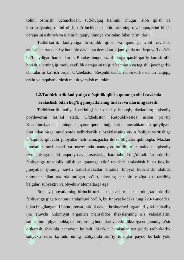 Tadbirlik faoliyatiga to’sqinlik qilish, qonunga xilof ravishda aralashish bilan bog’liq jinoyatlar 8