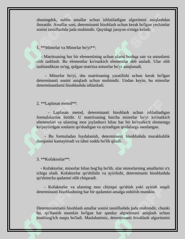 Determinantlarni hisoblash uchun bajaradigan amallar sonini baholash. Chiziqli algebraik tenglamalar sistemasini anq yechish uchun sarflanadigan amallar sonini baholash. 2