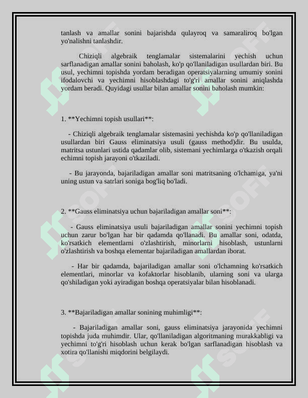 Determinantlarni hisoblash uchun bajaradigan amallar sonini baholash. Chiziqli algebraik tenglamalar sistemasini anq yechish uchun sarflanadigan amallar sonini baholash. 3