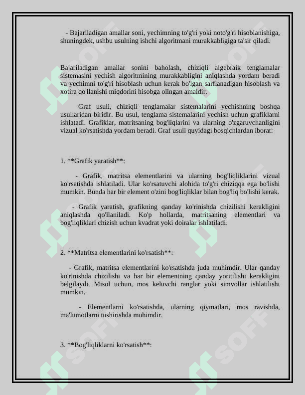 Determinantlarni hisoblash uchun bajaradigan amallar sonini baholash. Chiziqli algebraik tenglamalar sistemasini anq yechish uchun sarflanadigan amallar sonini baholash. 4