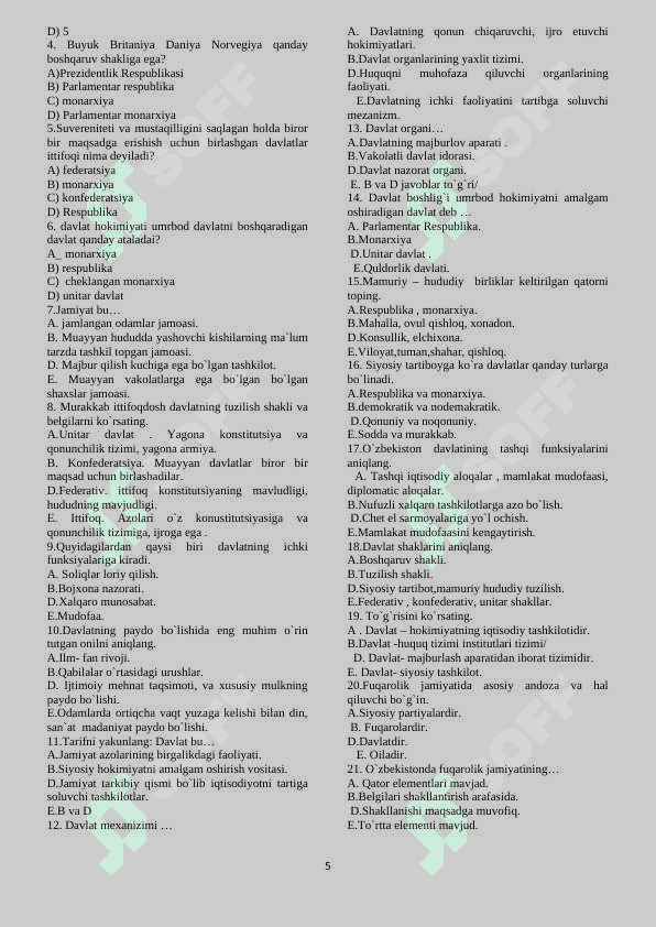 Huquq test 4 to'plam 5