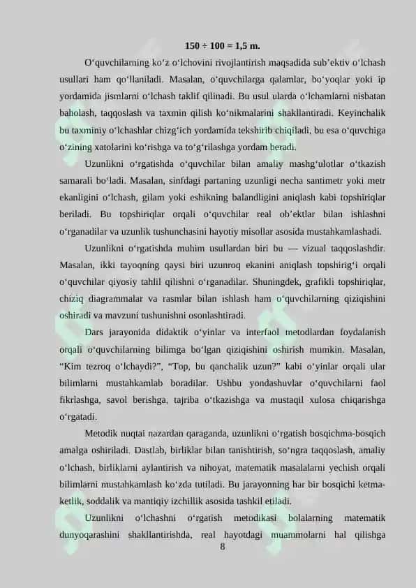 Boshlang’ich sinflarda uzunlik  tushunchasini  shakillantirishga  doir  misol  va  masalalar  yechish 8