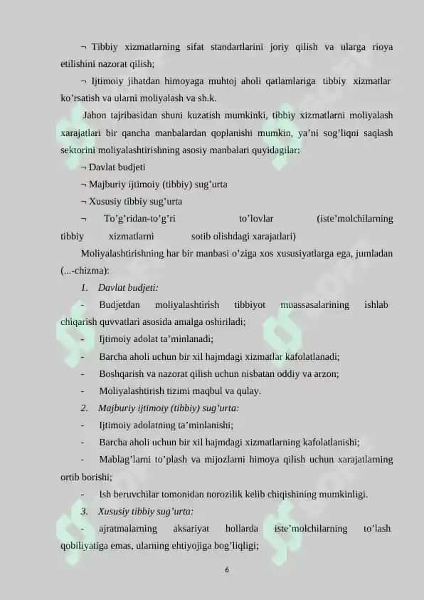 Sog'liqni saqlash muassasalari xarajatlarini rejalashtirish va byudjetdan moliyalashtirishning xususiyatlari 6