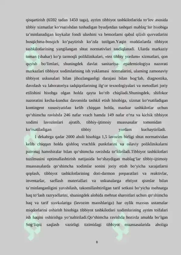 Sog'liqni saqlash muassasalari xarajatlarini rejalashtirish va byudjetdan moliyalashtirishning xususiyatlari 8