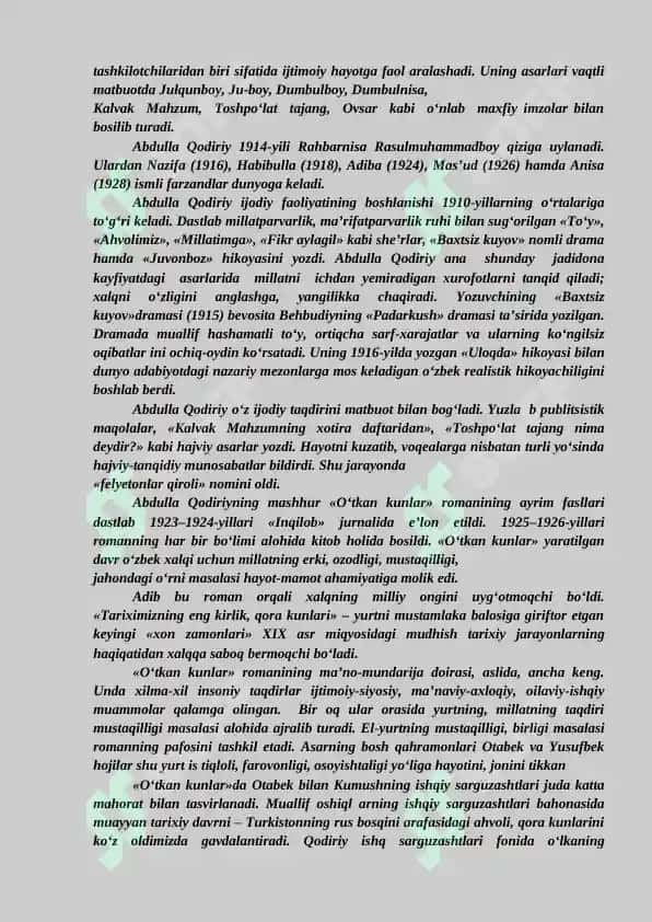 10-sinf Adabiyot Abdulla Qodiriyning O'tgan kunlar romani dars ishlanma 4