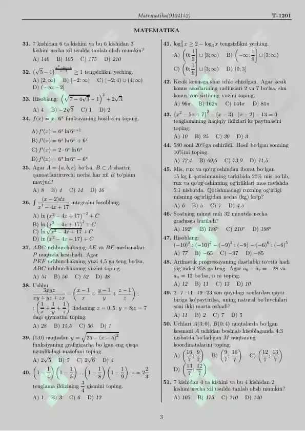 BILIM VA MALAKALARNI BAHOLASH AGENTLIGI Matematika testlar 4