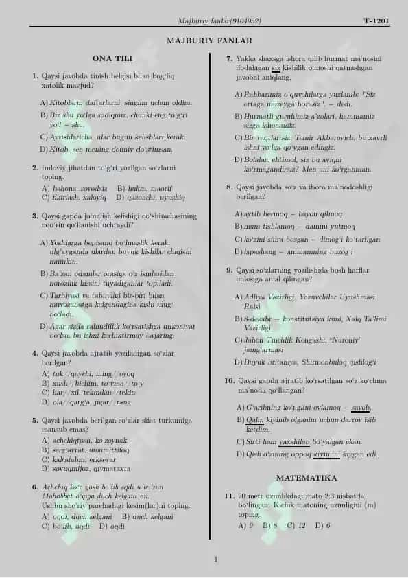BILIM VA MALAKALARNI BAHOLASH AGENTLIGI matematika testlari 2