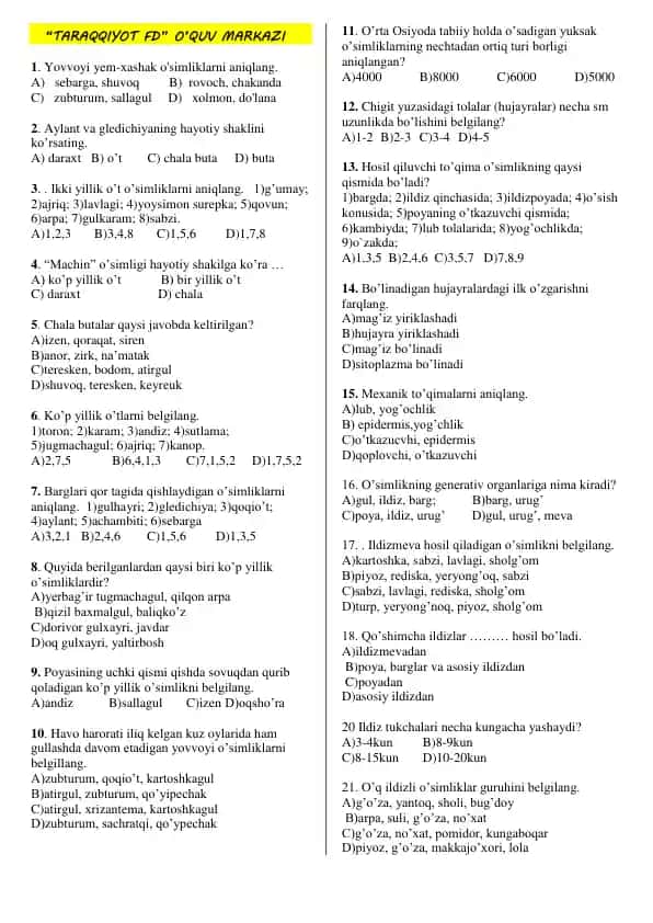 O'simliklar haqida test 1