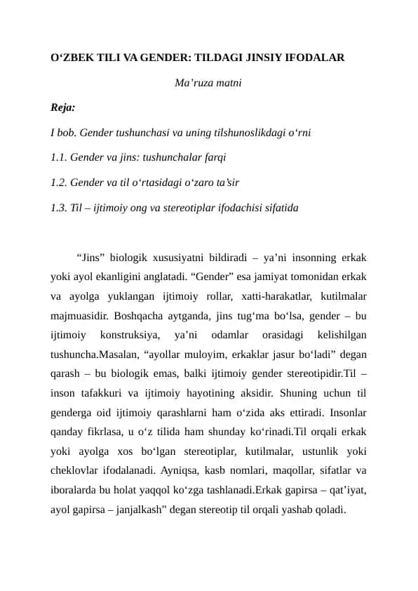 O‘ZBEK TILI VA GENDER: TILDAGI JINSIY IFODALAR 1
