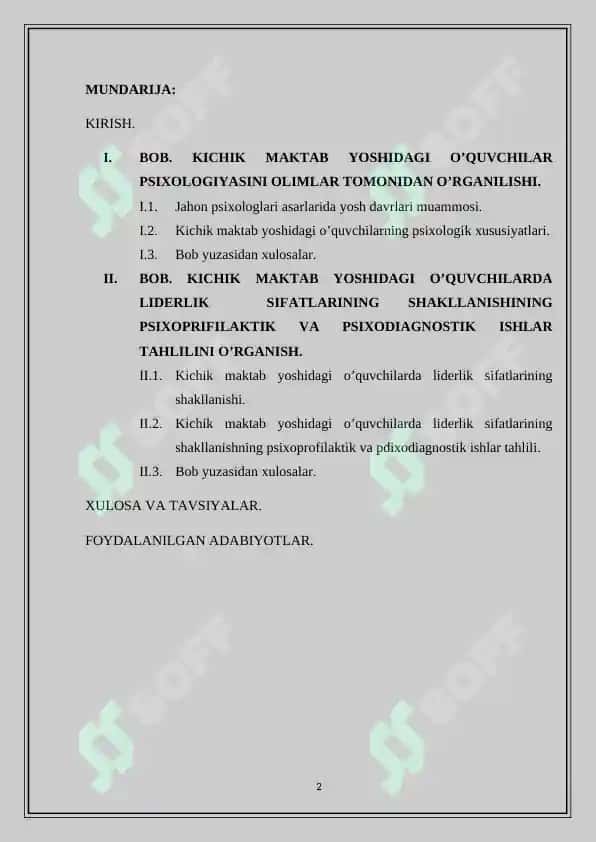 PSIXOLOGIK XIZMAT  FANIDAN “KICHIK MAKTAB YOSHIDAGI O’QUVCHILARDA LIDERLIK SIFATLARINING SHAKLLANISHI” 2