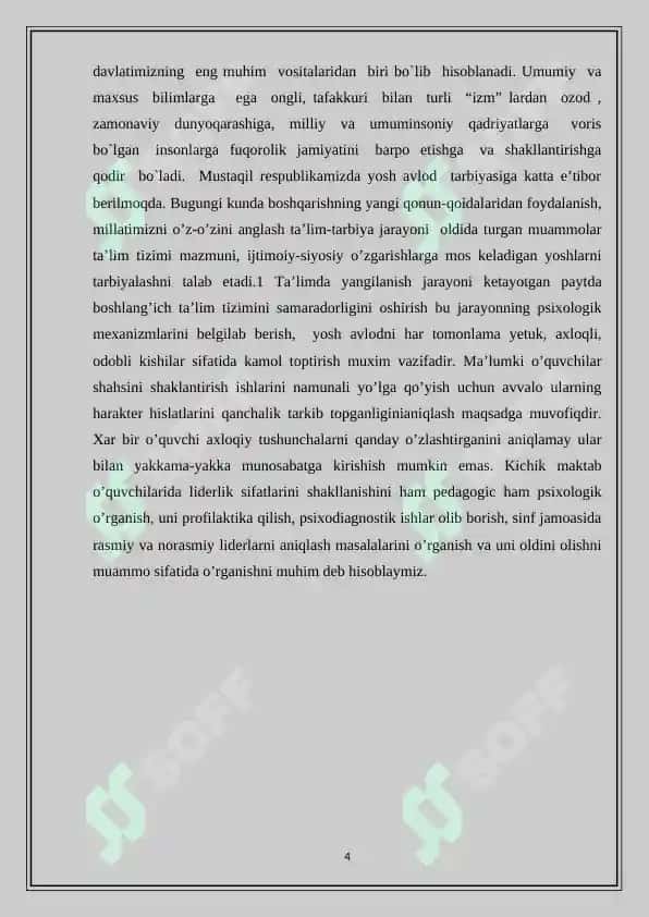 PSIXOLOGIK XIZMAT  FANIDAN “KICHIK MAKTAB YOSHIDAGI O’QUVCHILARDA LIDERLIK SIFATLARINING SHAKLLANISHI” 4