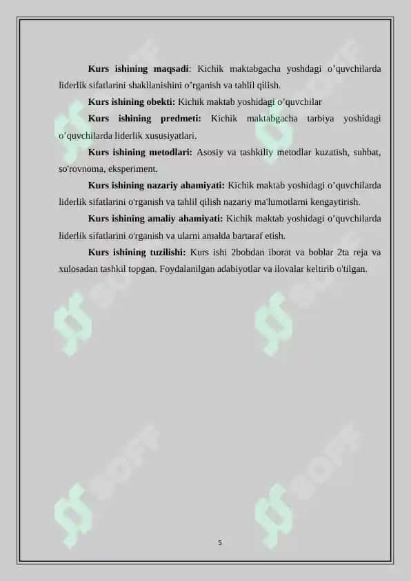 PSIXOLOGIK XIZMAT  FANIDAN “KICHIK MAKTAB YOSHIDAGI O’QUVCHILARDA LIDERLIK SIFATLARINING SHAKLLANISHI” 5