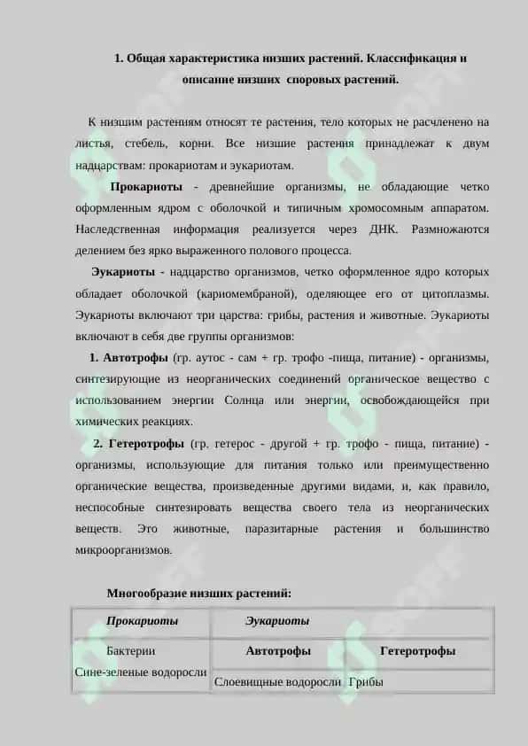 Классификация и описание низших  споровых растений. Цикл развития водорослей и деление на классы. Улотриксовые, сифоновые и их значение. Основные представители водорослей. Самостоятельная работа 40 листов. 3