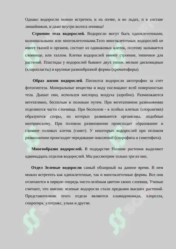 Классификация и описание низших  споровых растений. Цикл развития водорослей и деление на классы. Улотриксовые, сифоновые и их значение. Основные представители водорослей. Самостоятельная работа 40 листов. 7