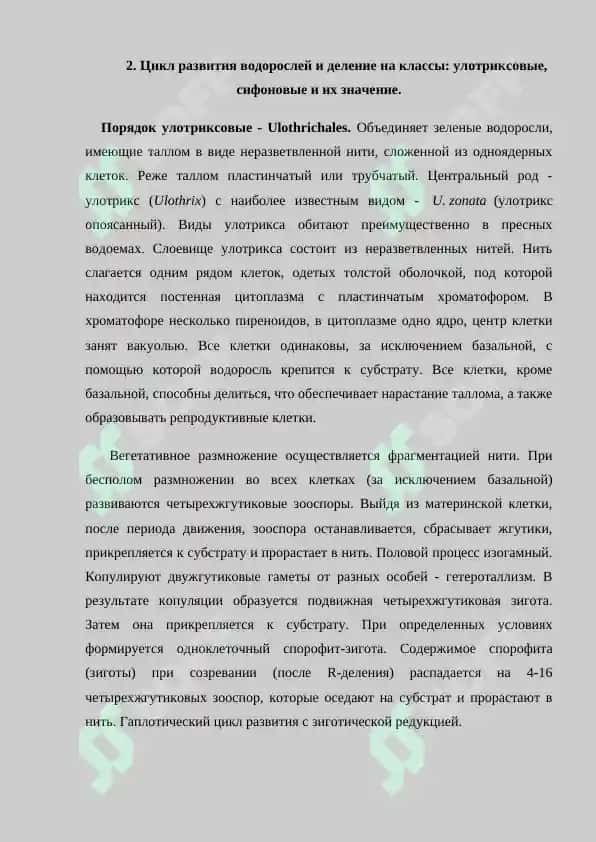 Классификация и описание низших  споровых растений. Цикл развития водорослей и деление на классы. Улотриксовые, сифоновые и их значение. Основные представители водорослей. Самостоятельная работа 40 листов. 8