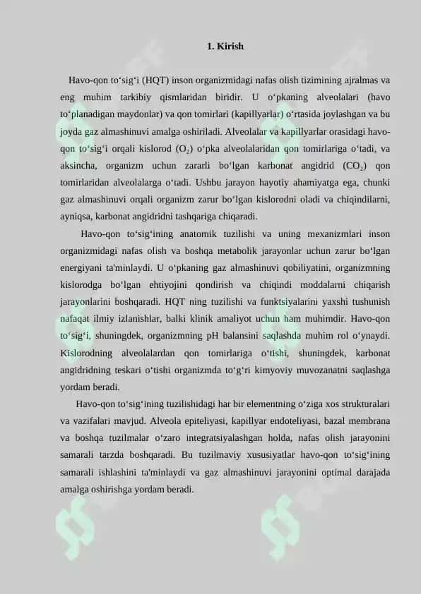 Havo-qon to‘sig‘ining tuzilishi, vazifalari va patologiyasi. Referat 11 bet. 2